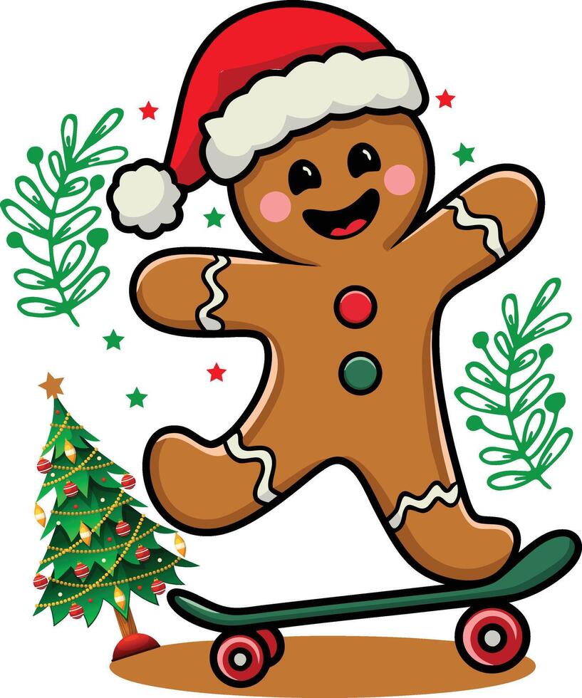 Gingerbread, skatelates, Christmas trees and stars bring in this fun holiday scene. Happy imagery of holiday, sweet winter characters and decorations vector