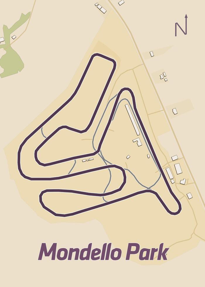 The image depicts a detailed map of Mondello Park, a motor racing circuit located in County Kildare, Ireland. The map showcases the track layout in a simple, stylized design. vector