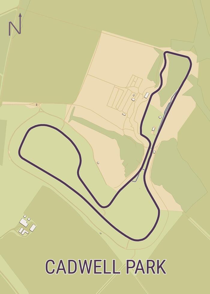 Cadwell Park Circuit, United Kingdom, map poster art, Car and motorbike race track winding through open park and woodland, hosting vintage classic events. vector