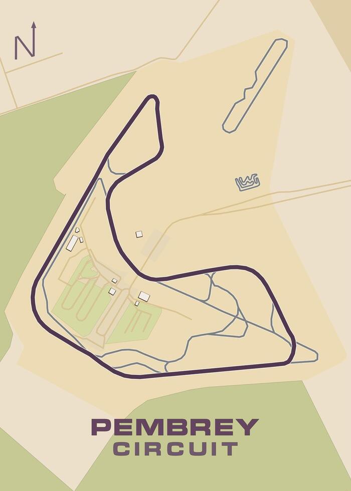 The image depicts a detailed map of the Pembrey Circuit, a race track located in Wales, UK. The map is drawn in a simple, minimalist style with a beige background vector