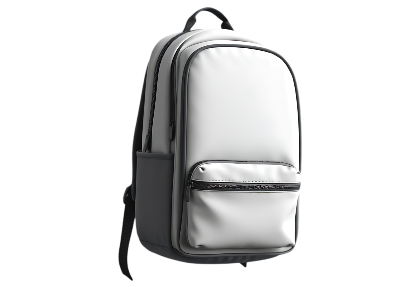 A white backpack with black trim and a zipper png