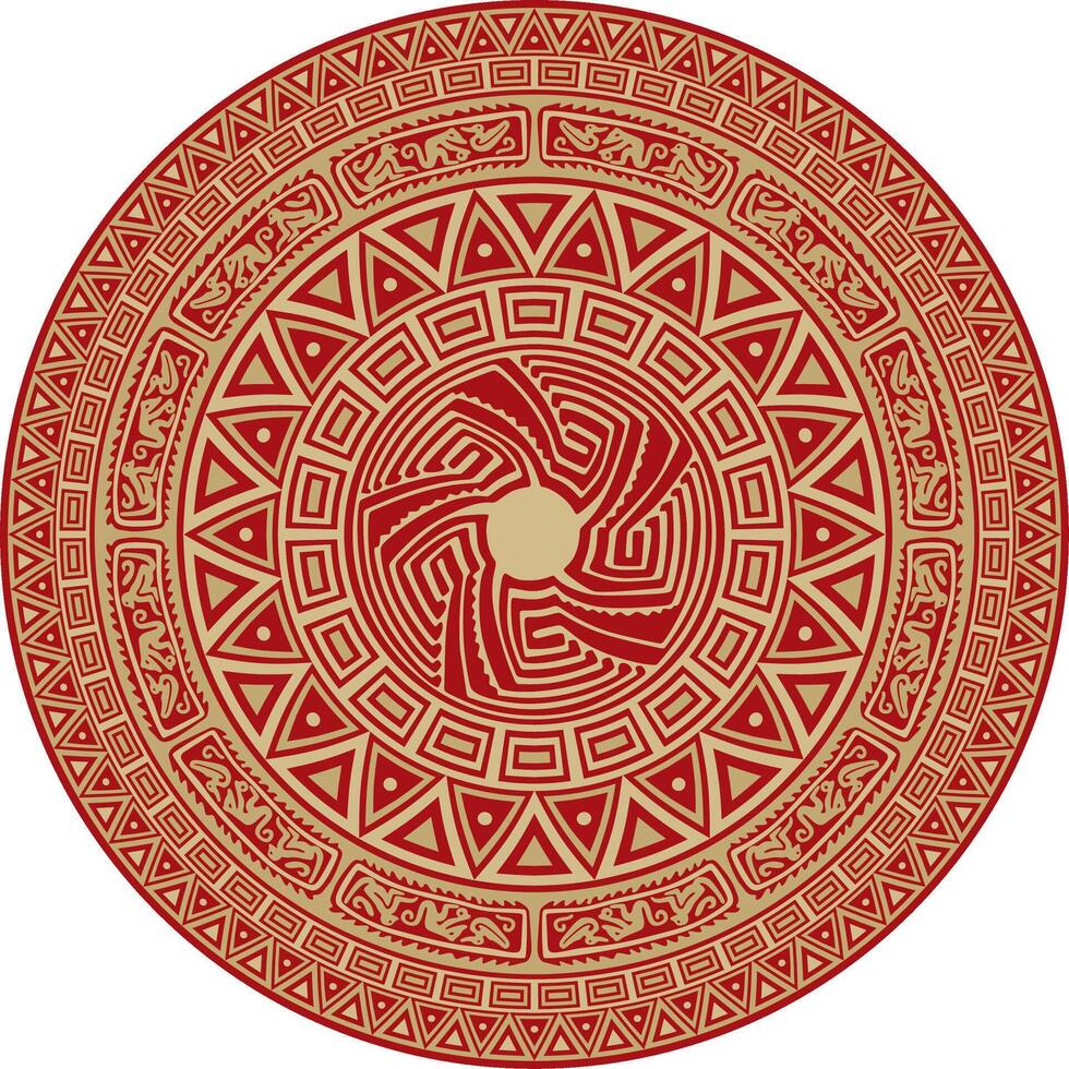 Native American round gold with red pattern. Geometric shapes in a circle. National ornament of the peoples of America, Maya, Aztecs, Incas. vector