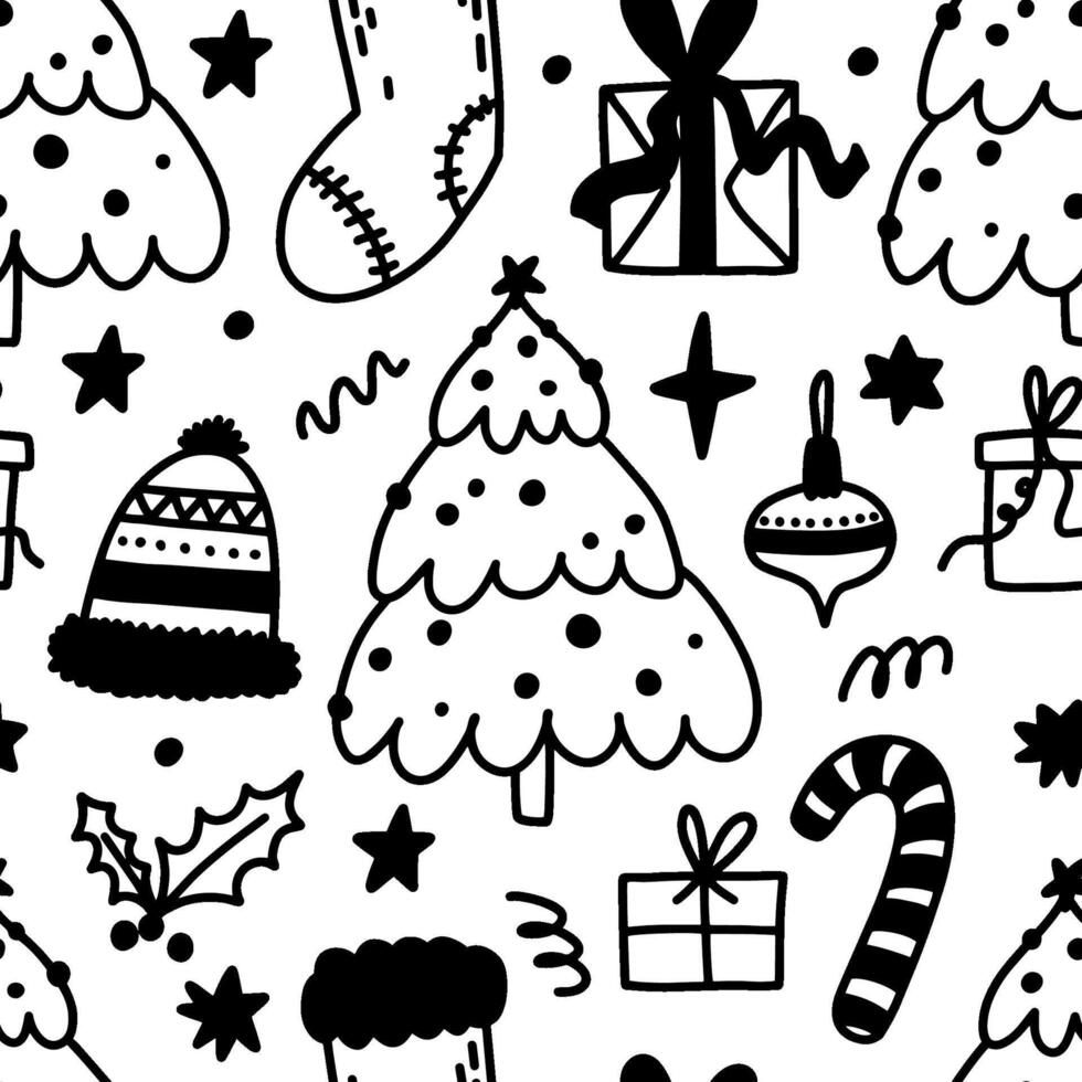 New Year and Christmas seamless pattern with tree, socks, and present. Happy holidays. Winter doodle simple pattern. Endless background for textile, paper, decor vector