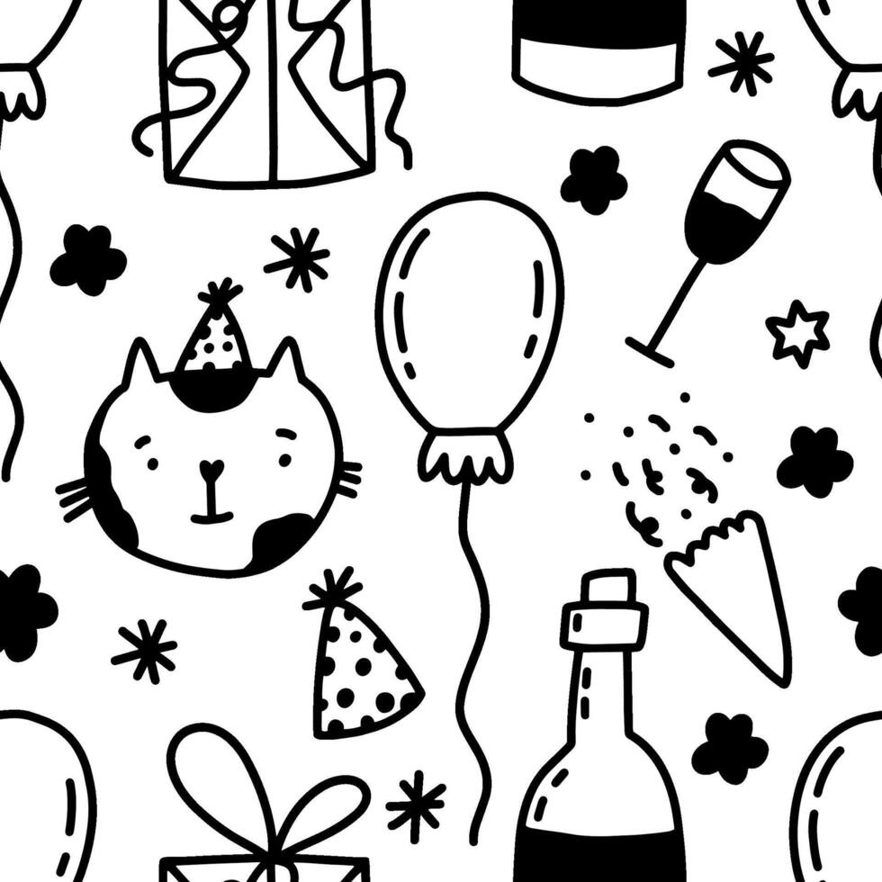 holiday pattern. Seamless background for Birthday, Christmas and New Year party with cat, presents, balloons. Hand drawn doodle art vector