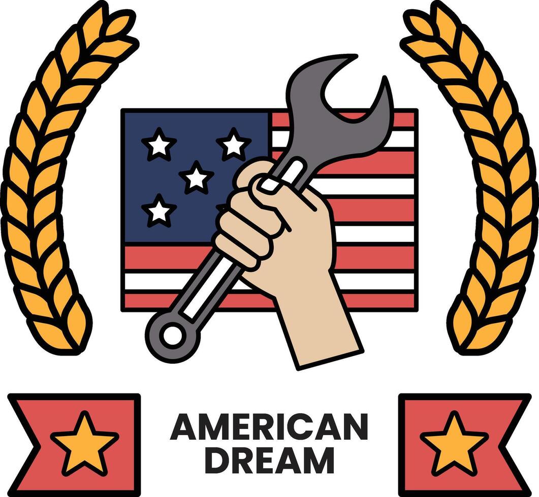 A hand holding a wrench in front of an American flag vector