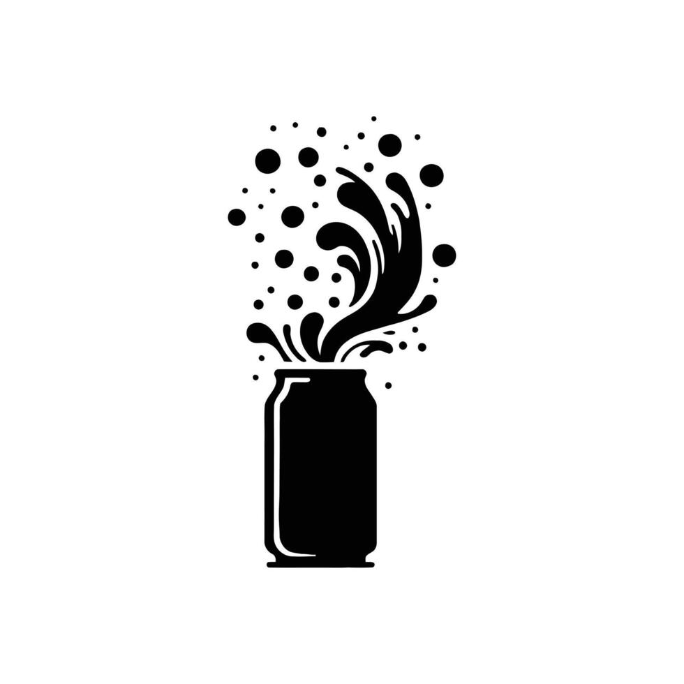 Black and White Soda Can with Straw and Splash Silhouette Illustration vector