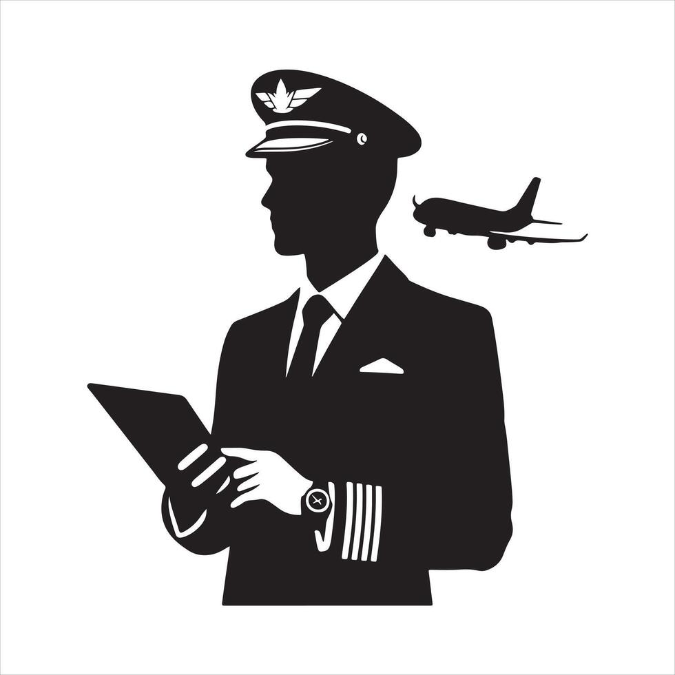 Airplane Pilot Man black silhouette on white background vector
