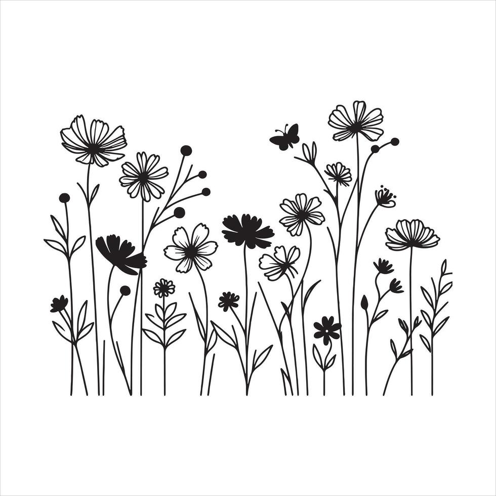 single one line wildflowers silhouette on white background vector