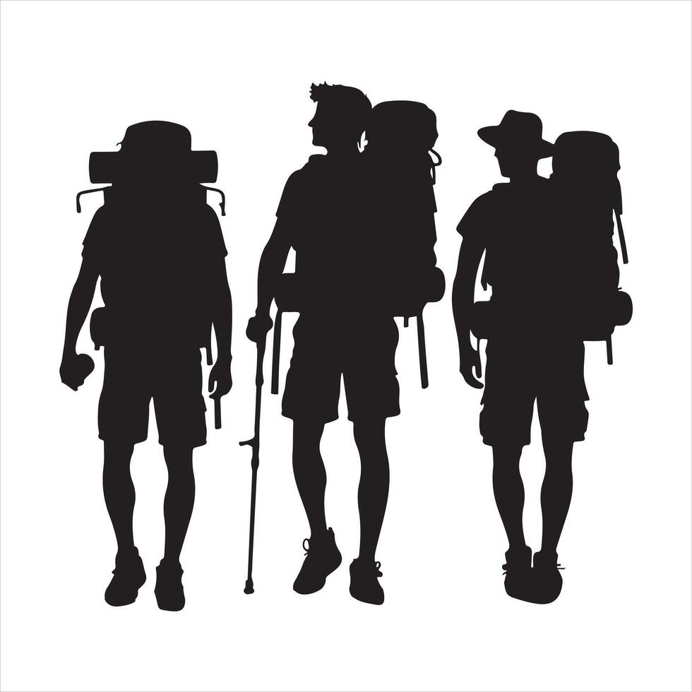 Tourists with backpacks on their backs silhouette on white background vector