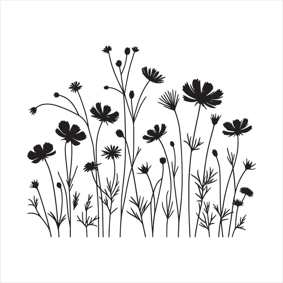 single one line wildflowers silhouette white background vector