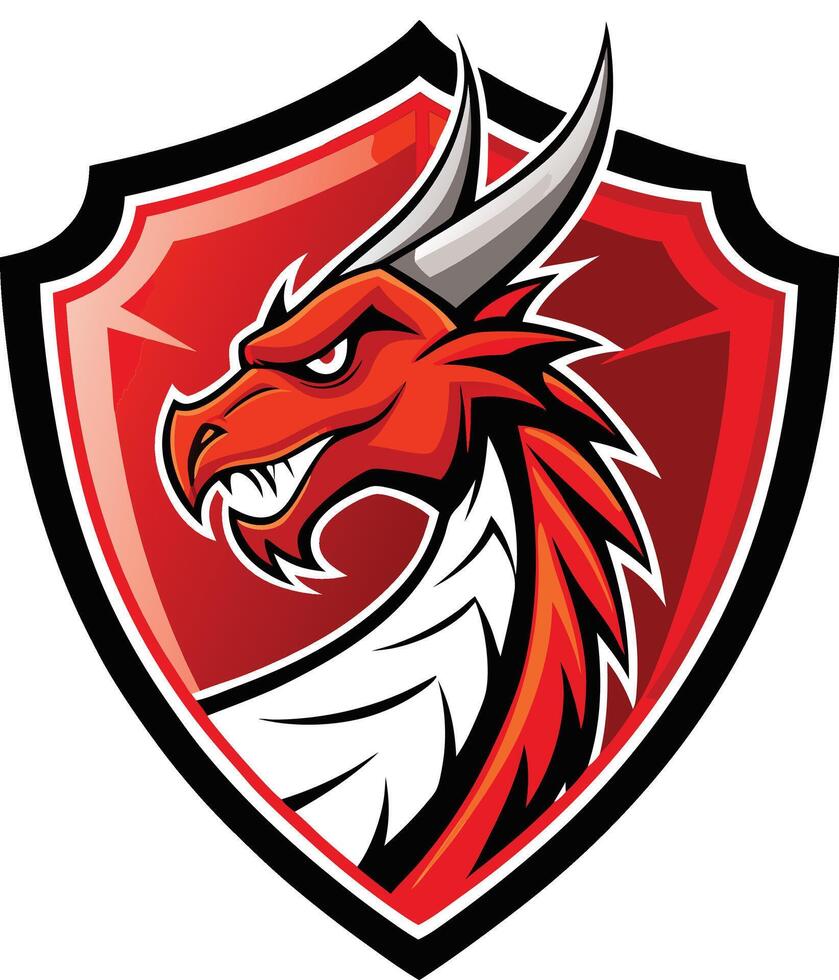 Fiery Dragon Shield Mascot Logo design with horns vector