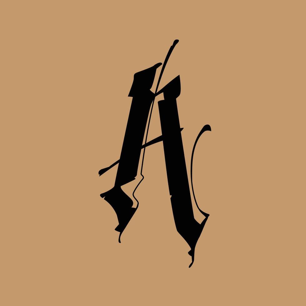 Letter in the Gothic style. The symbol is isolated on a golden background. Calligraphy and lettering. Medieval Latin letter. Logo for the company. Monogram. Elegant font for tattoo. vector