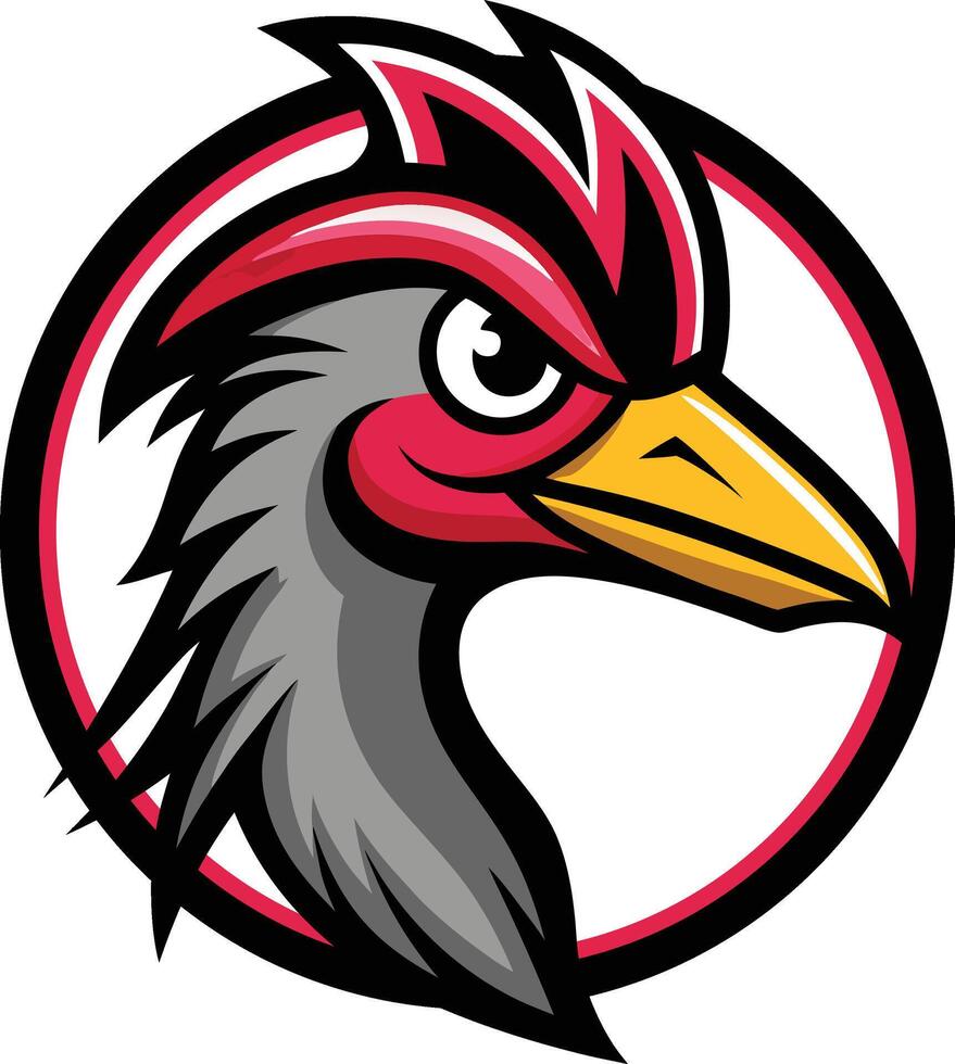 A rooster head in a circle with a red and black feather vector