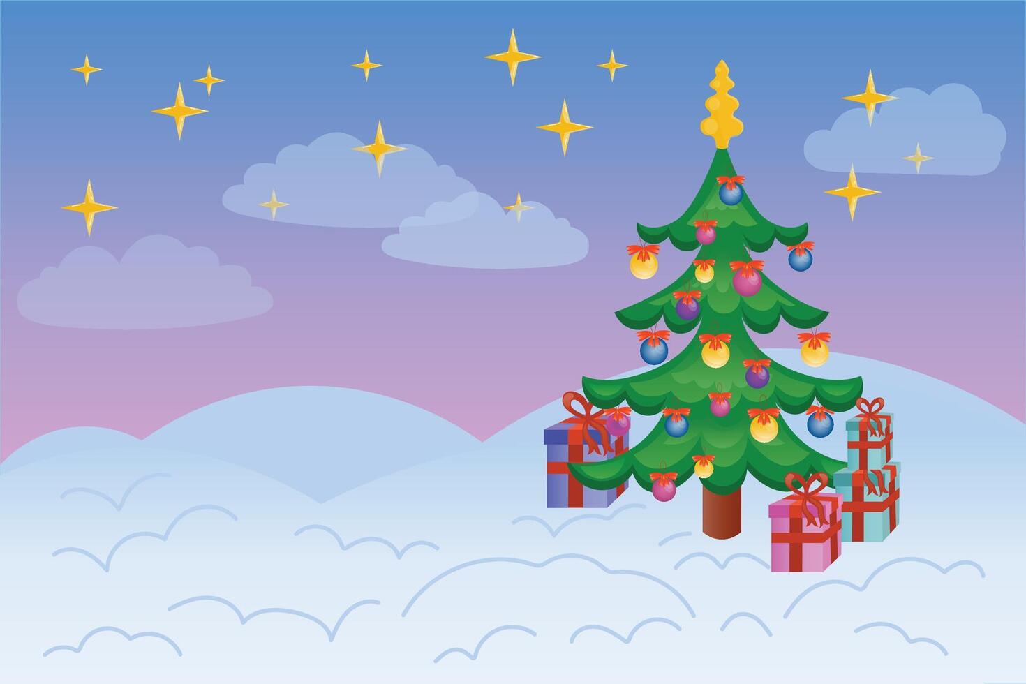 Happy new year card with decorated Christmas tree and presents on a starry snow landscape. vector