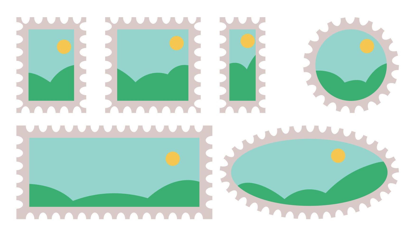 Cute postage stamp, round and square frames, templates with simple landscape isolated on white background. Postmarks set. vector