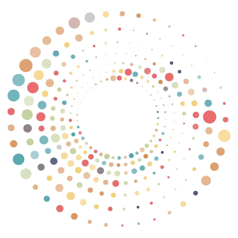 Colorful halftone element, swirled halftone circular texture with dots, radial halftone tornado vector