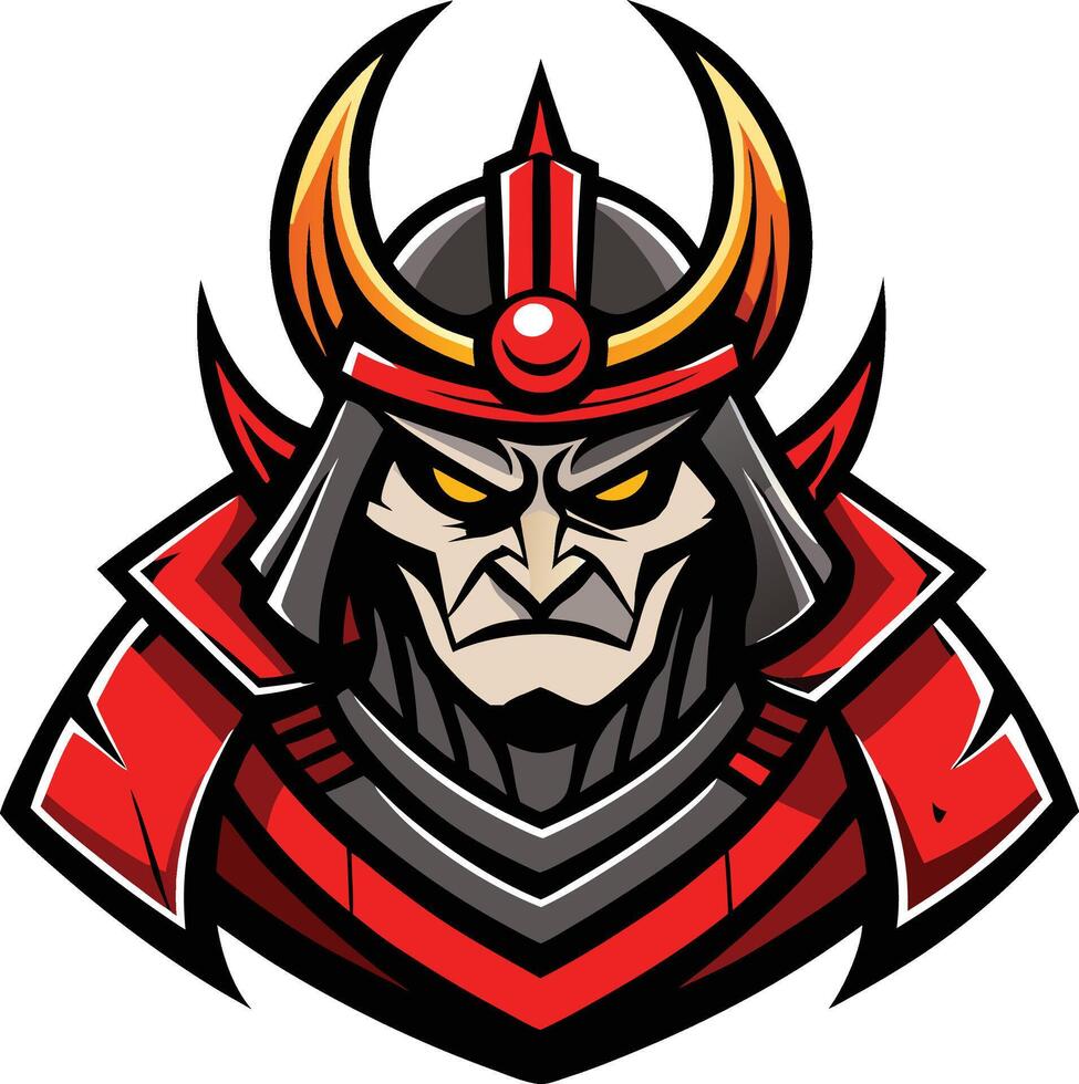 An evil samurai head with horns and red armor vector