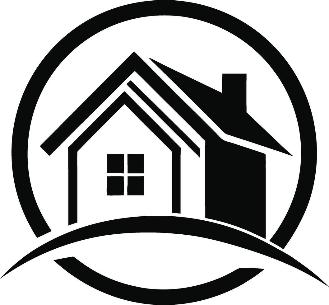 A house in a circle with a black outline vector
