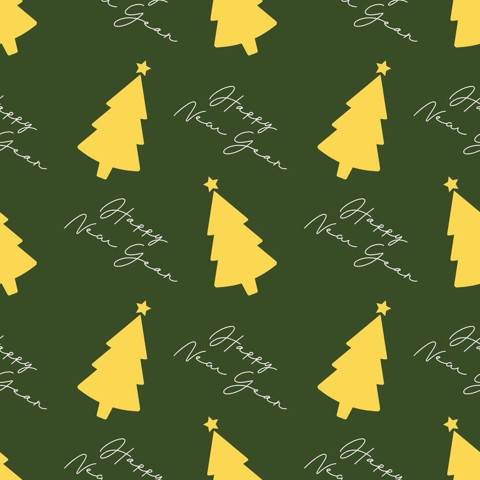 Christmas seamless pattern with Christmas trees and the inscription Happy New Year on a green background. vector