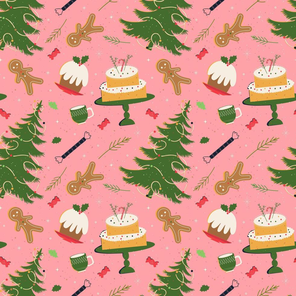 Seamless pattern with Christmas sweets cake and gingerbread. Festive winter pattern with a Christmas tree on a pink background for wrapping paper or textiles. vector