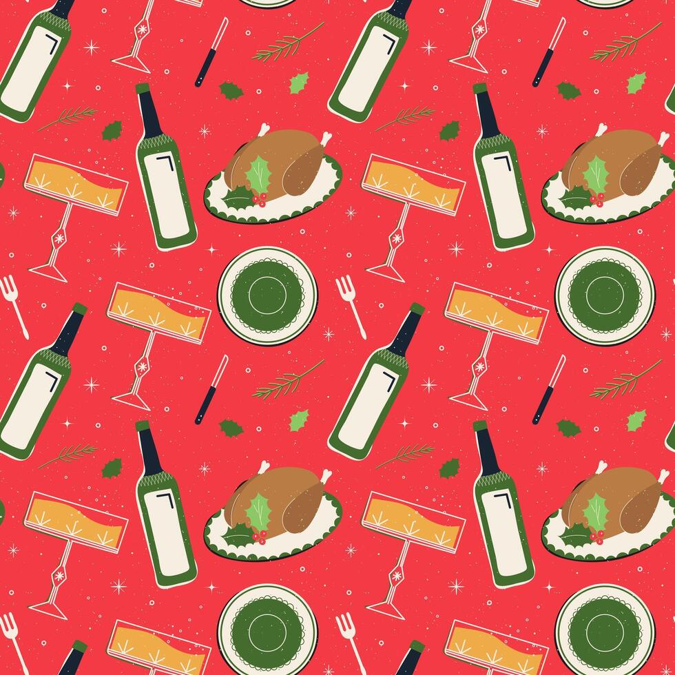 Christmas seamless pattern in retro style. Christmas party table with turkey and champagne on a red background with snowflakes. vector