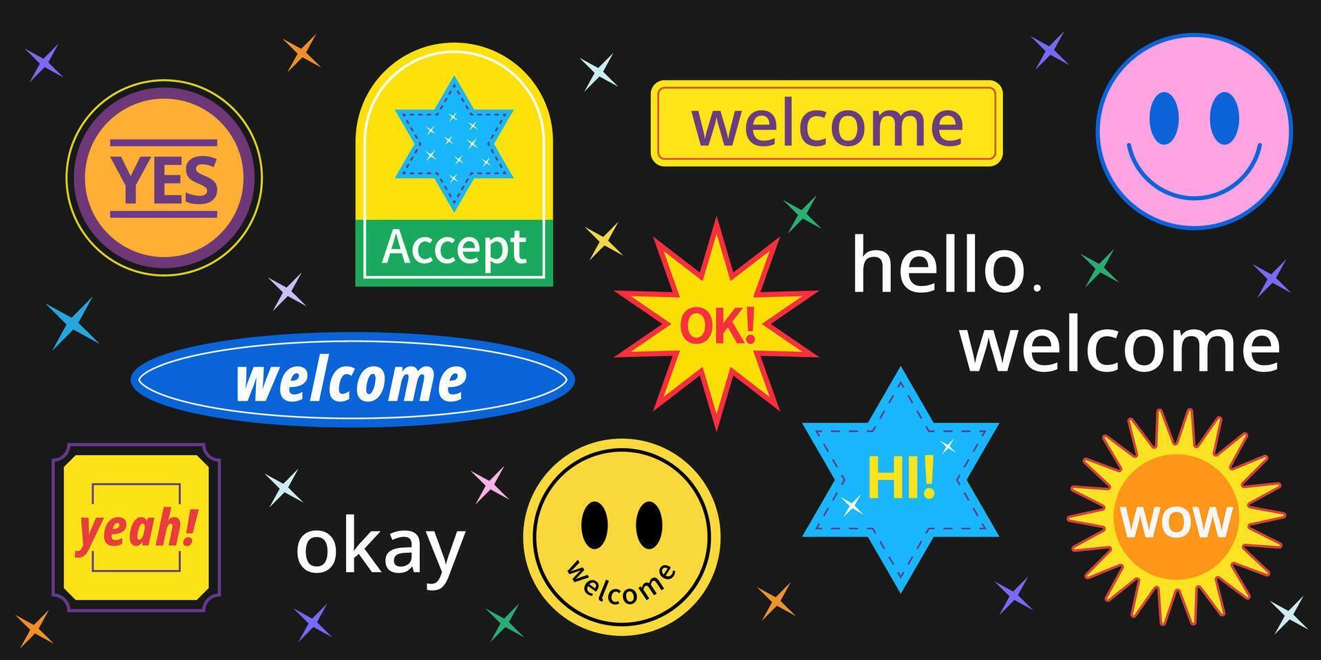 Trendy welcome sticker set collection. vector