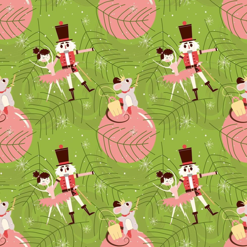 A set of seamless patterns with a nutcracker, a mouse king and a ballerina. Christmas patterns with a horse and snowflakes. vector