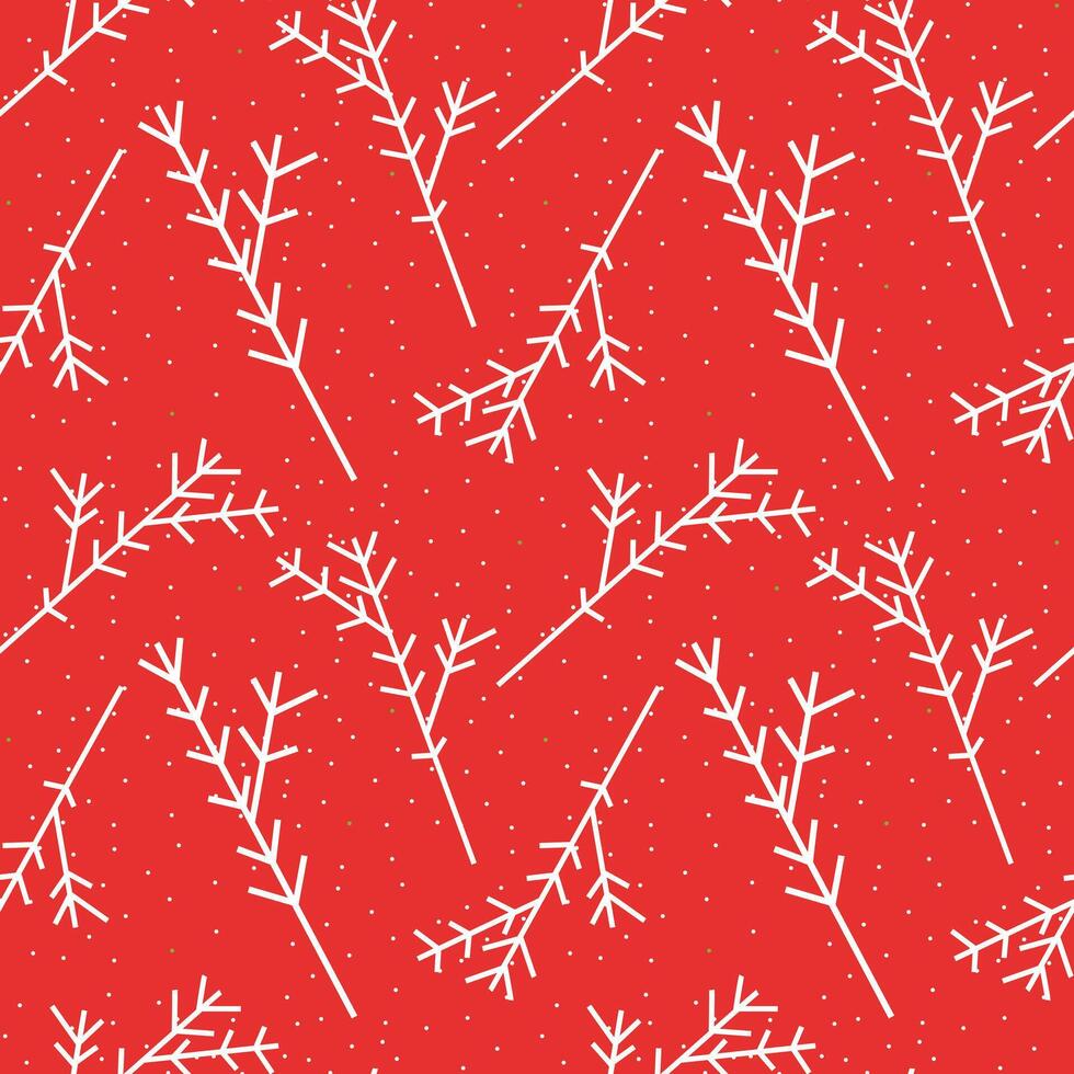 Christmas seamless pattern with snow and white branches of a Christmas tree on a red background. vector
