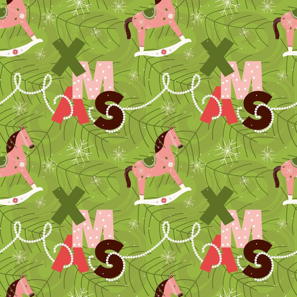 Seamless pattern with a toy horse and beads hanging on the Christmas tree. Christmas pattern with green background and tree branches for wrapping paper or textiles. vector