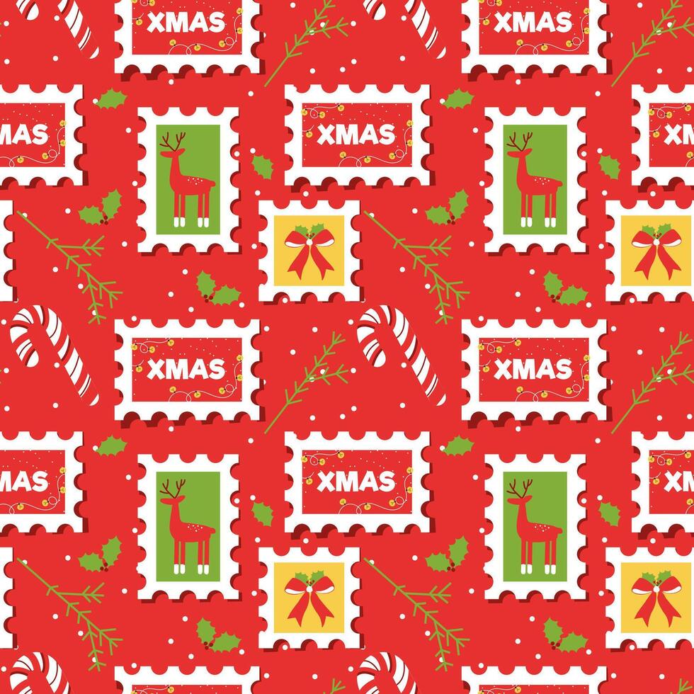 seamless pattern with postage stamps, cone caramel and Reindeer. Christmas pattern in red and green colors. vector