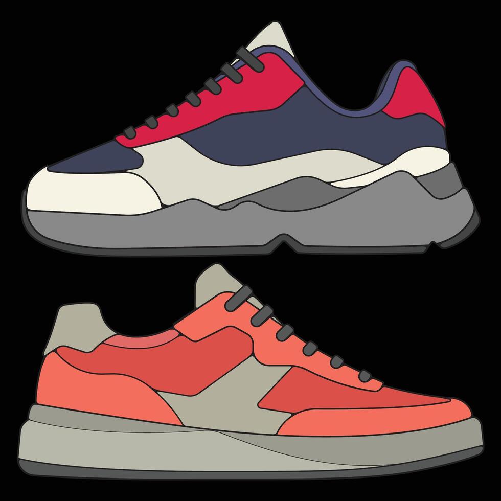 Bundling set sneakers shoes for training, Modern sneakers shoe illustration. Sneakers full color Isolated with black background. vector