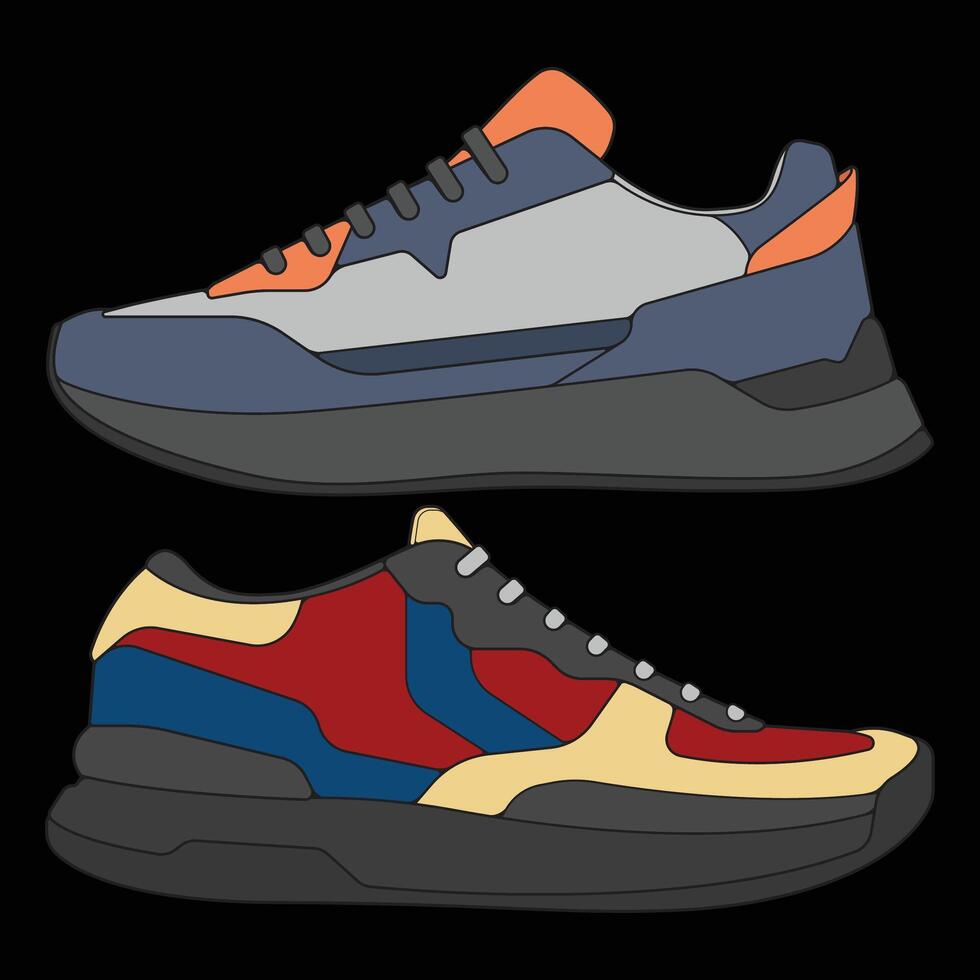 Bundling set sneakers shoes for training, Modern sneakers shoe illustration. Sneakers color full Isolated with black background. vector