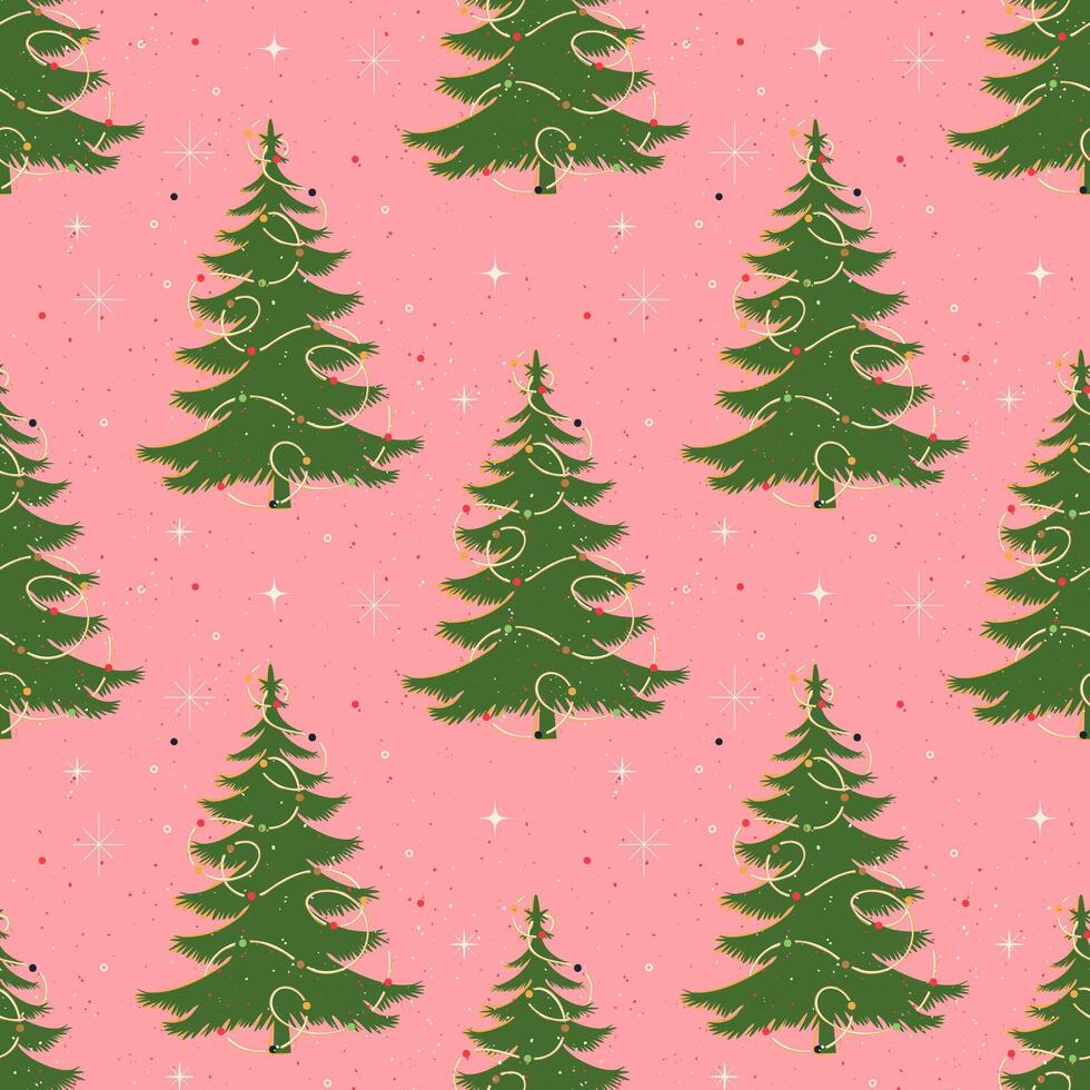 Seamless pattern with a retro Christmas tree. Festive winter pattern with pink background for wrapping paper or textiles. vector