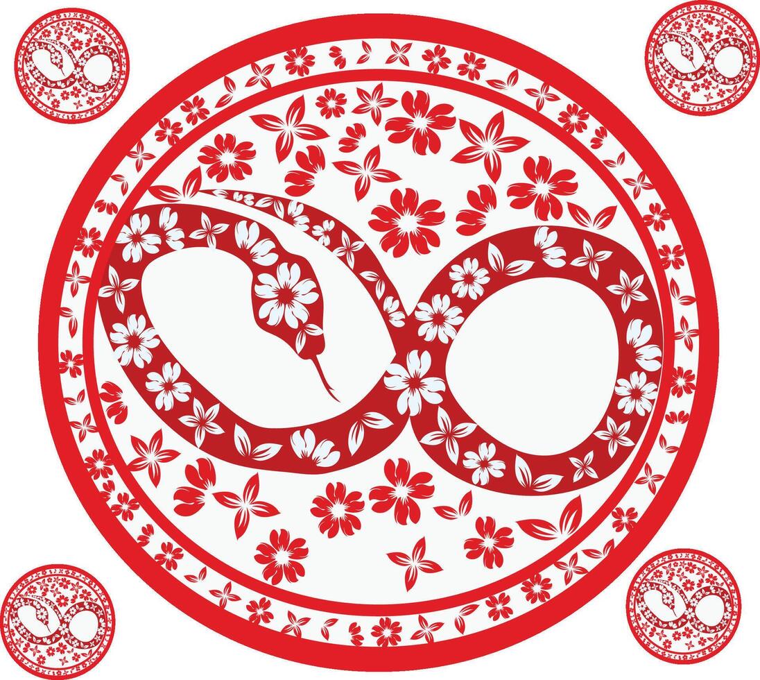 A red and white chinese symbol with flowers and leaves vector