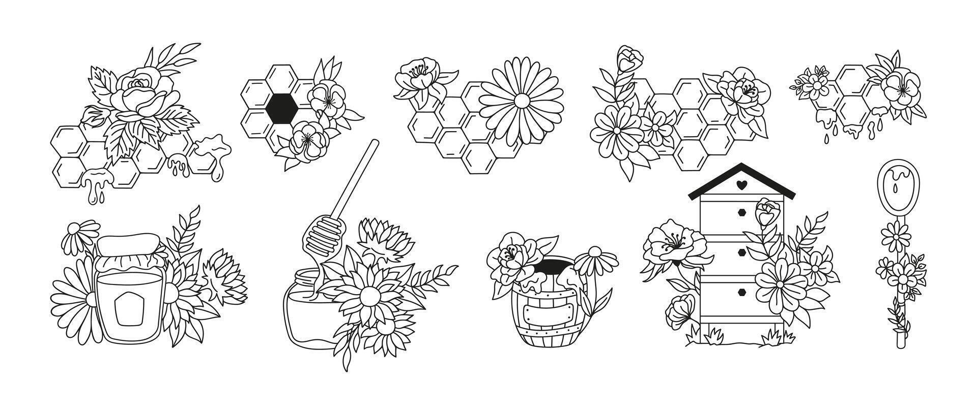 Rustic apiary set honeycombs, hive, glass jar, wooden barrel and flowers arrangement. Hand drawn doodle bouquet botanical illustrations. vector