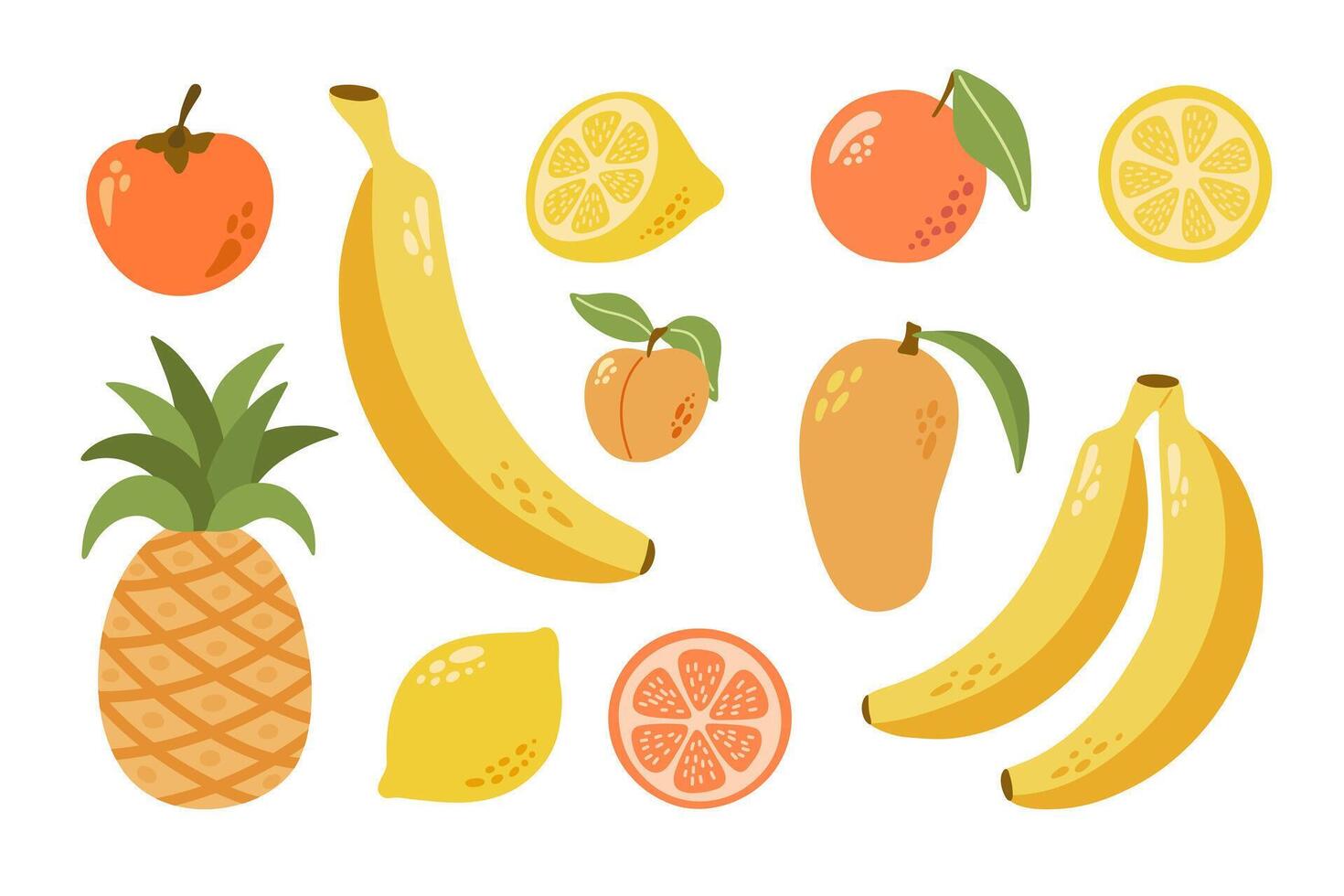 Yellow tropical fruits with leaves. Persimmon, banana, lemon, orange, mango, apricot, peach, pineapple. Hand drawn cartoon collection. vector
