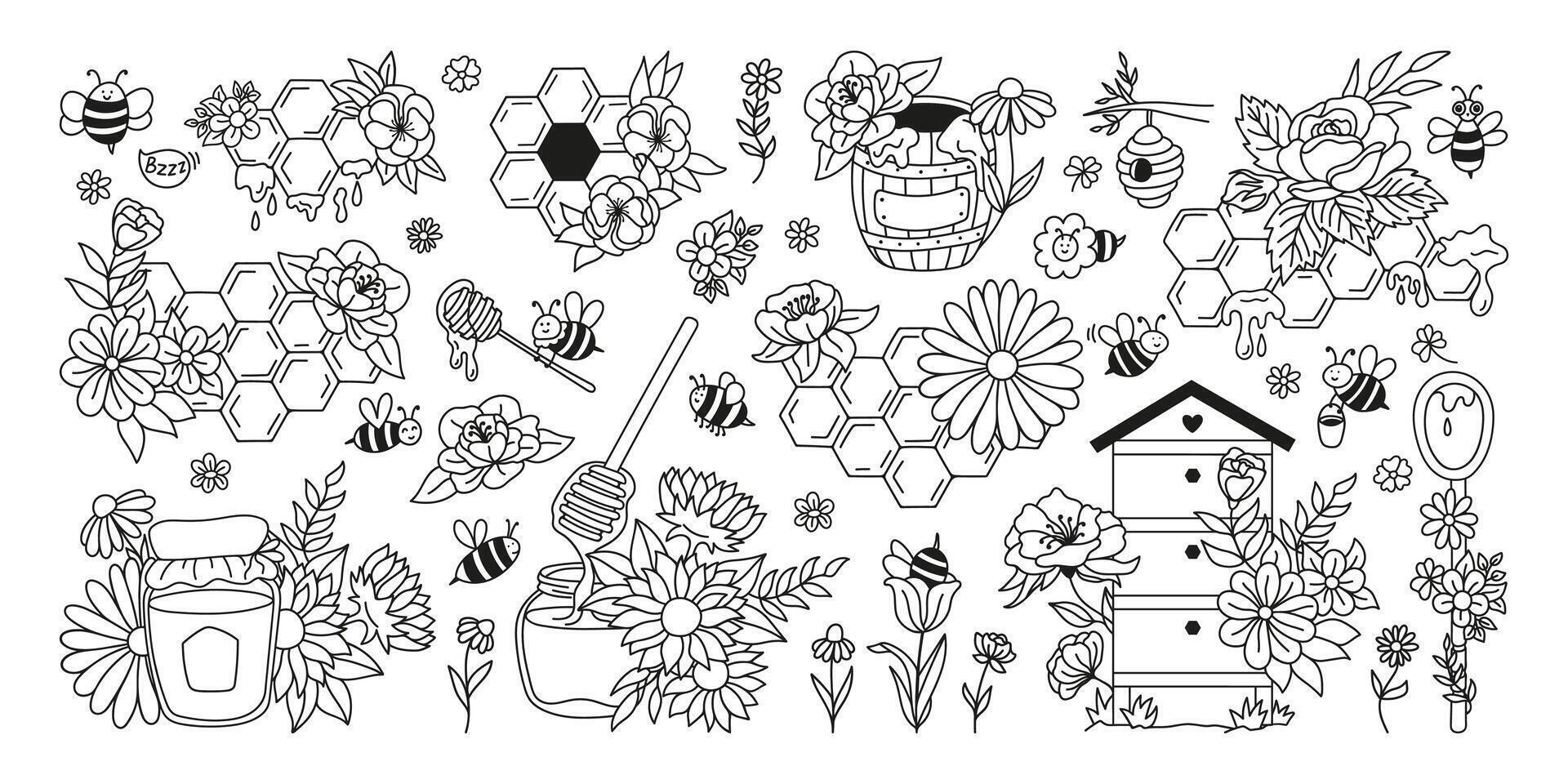 Summer rustic apiary collection with cute bees, honeycombs, hive, spoon, glass jar and flowers arrangement. Hand drawn doodle illustrations. vector