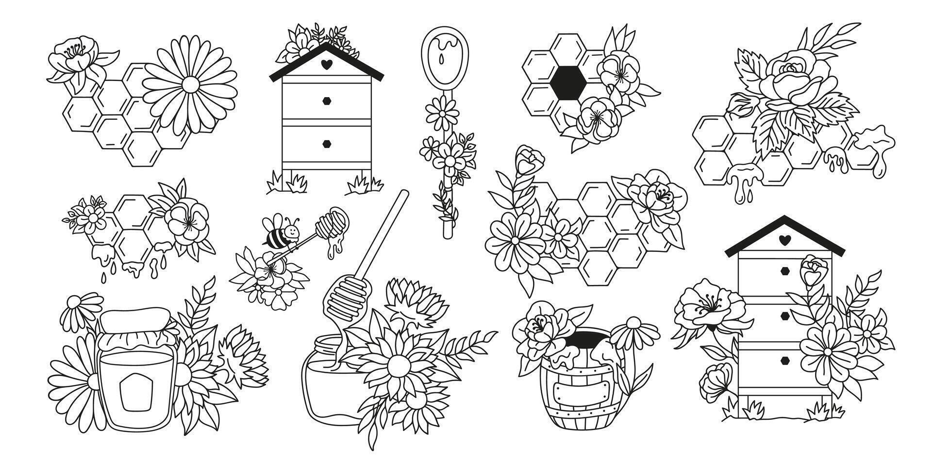 Rustic apiary collection honeycombs, hive, glass jar and flowers arrangement. Hand drawn doodle bouquet botanical illustrations. vector