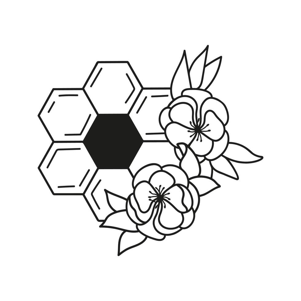 Honeycomb with fluid honey and flowers arrangements. Floral rustic hand drawn doodle illustration vector