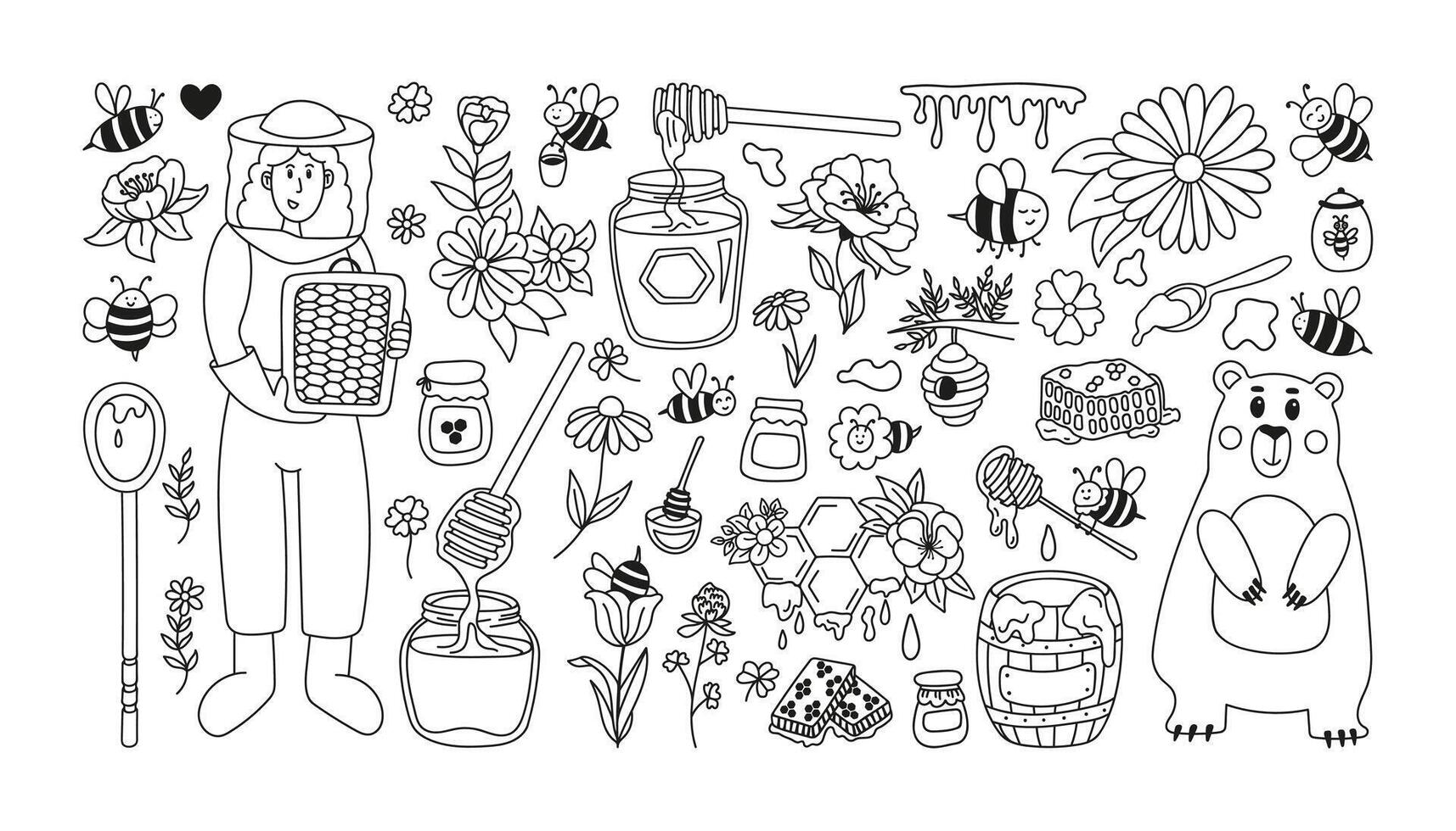 Apiary set with beekeeper girl, honeycombs, cute bees, bear, glass jar, spoon, hive, wooden barrel and wildflowers. Hand drawn doodle rustic illustrations. vector