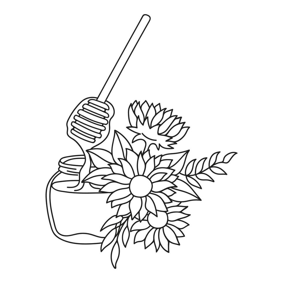 Glass jar and dipper with liquid dripping honey. Sunflowers arrangements. Floral rustic hand drawn doodle illustration vector