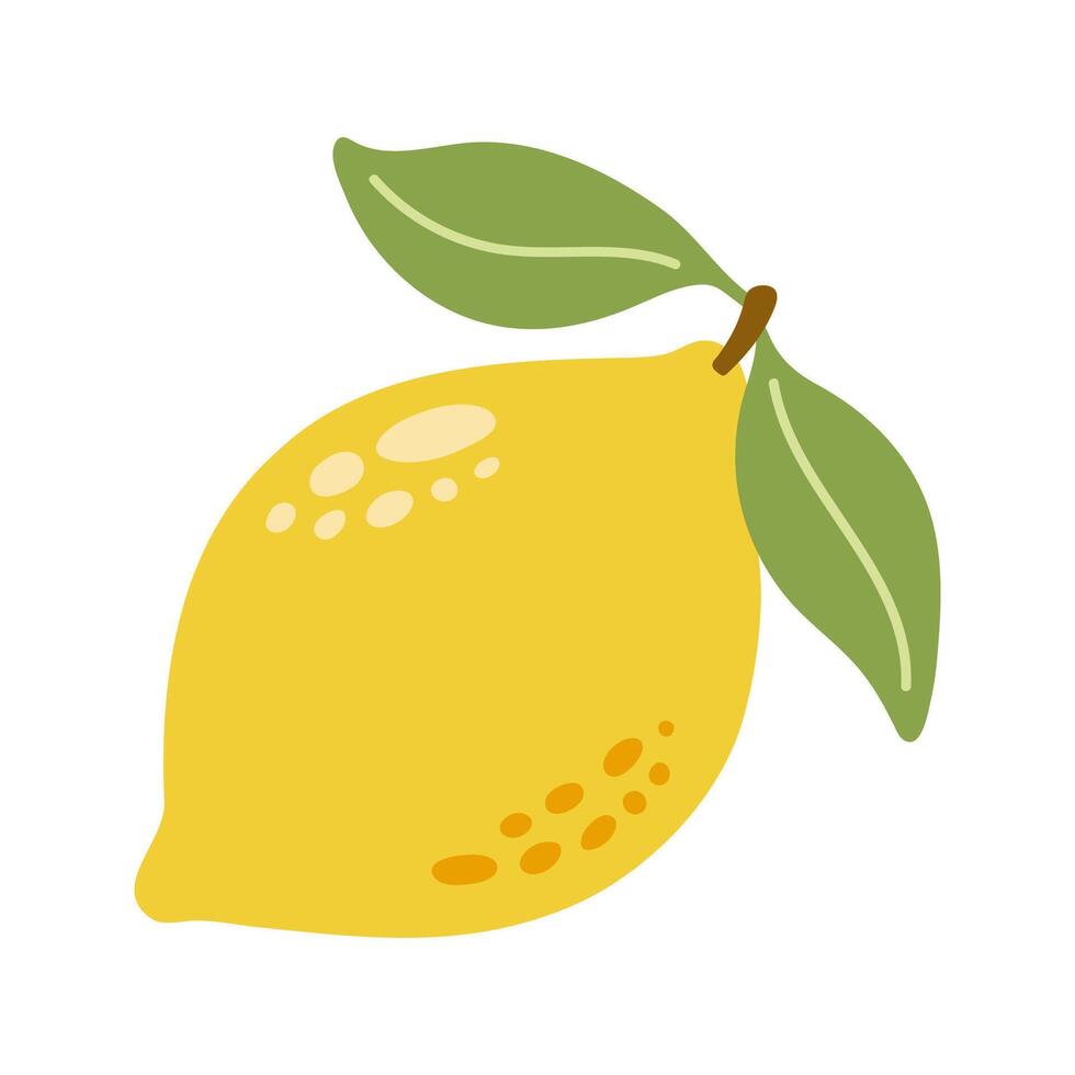 Single juicy whole lemon with leaves. Hand drawn cartoon summer fruit illustration vector
