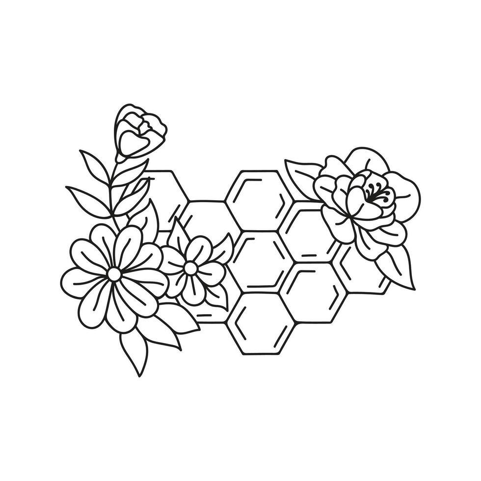 Honeycomb with fluid honey and flowers arrangements. Floral rustic hand drawn doodle illustration vector