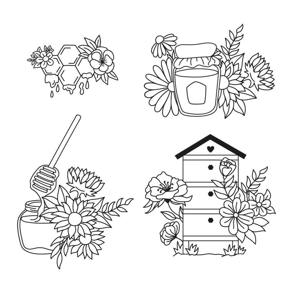 Rustic apiary collection honeycombs, hive, glass jar and flowers arrangement. Hand drawn doodle bouquet botanical illustrations. vector
