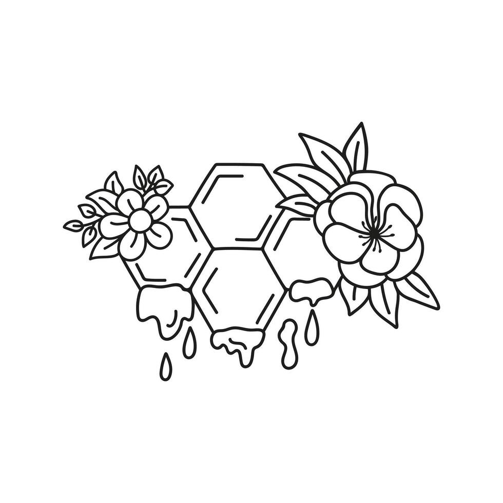 Honeycomb with fluid honey and flowers arrangements. Floral rustic hand drawn doodle illustration vector