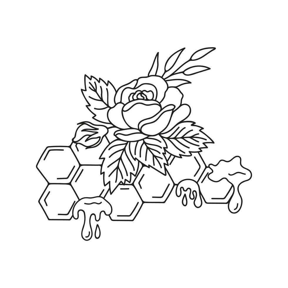 Honeycomb with fluid honey and roses arrangements. Floral rustic hand drawn doodle illustration vector