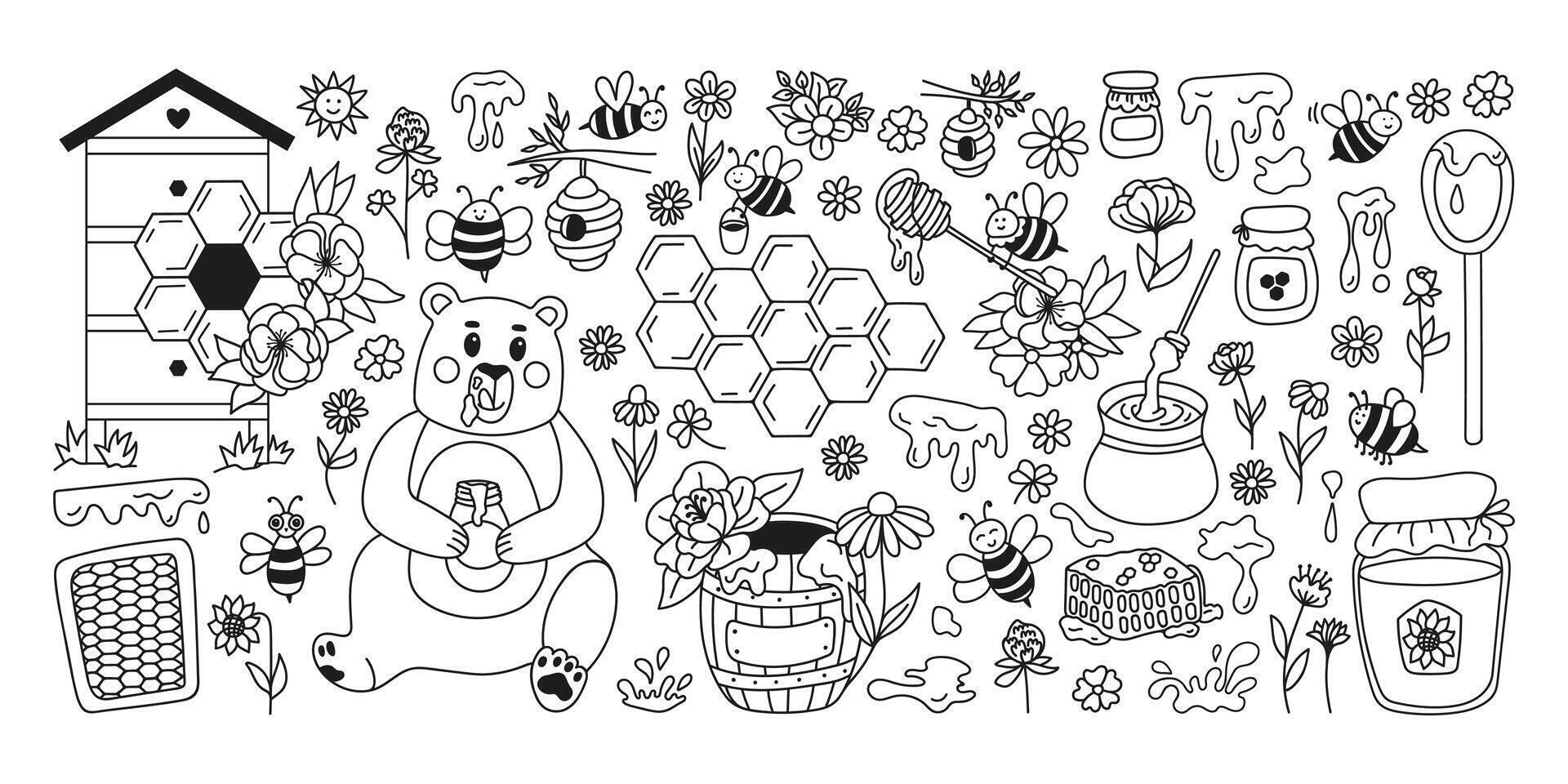 Apiary set with honeycombs, cute bees, bear, glass jar, pots, spoon, hive, wooden barrel and wildflowers. Hand drawn doodle rustic illustrations. vector