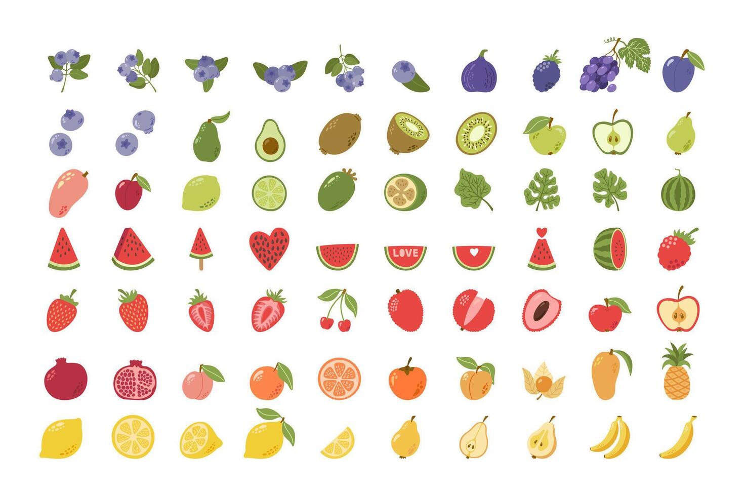 Summer tropical, exotic and garden fruits and berries with leaves collection. Hand drawn cartoon. vector