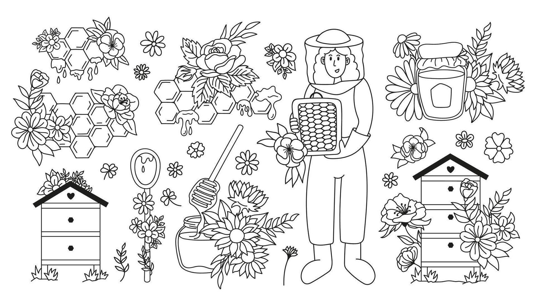 Rustic apiary collection with beekeeper girl, honeycombs, hive, spoon, glass jar and flowers arrangement. Hand drawn doodle illustrations. vector