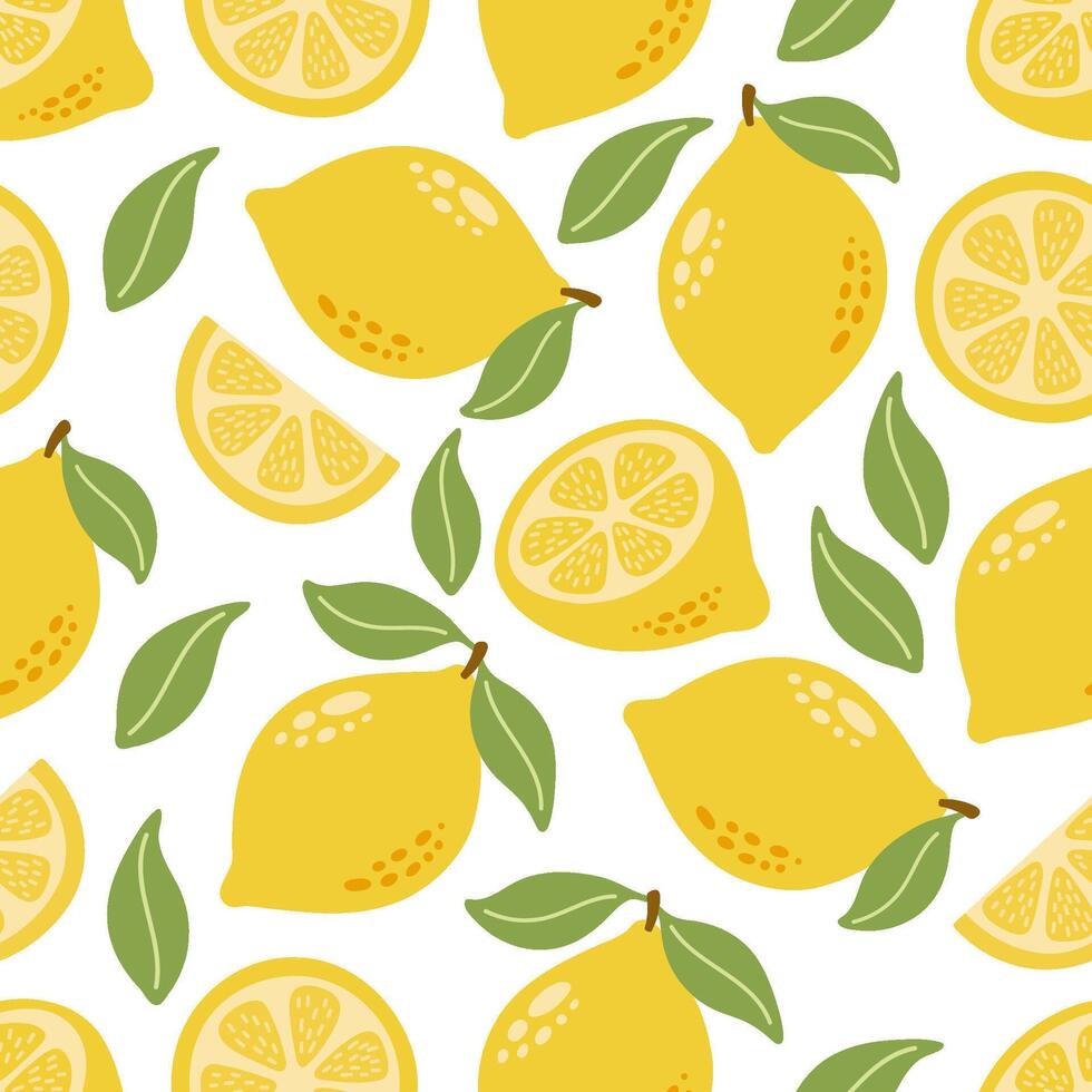 Lemon seamless pattern with slice and leaves. Hand drawn cartoon summer fruit illustration vector